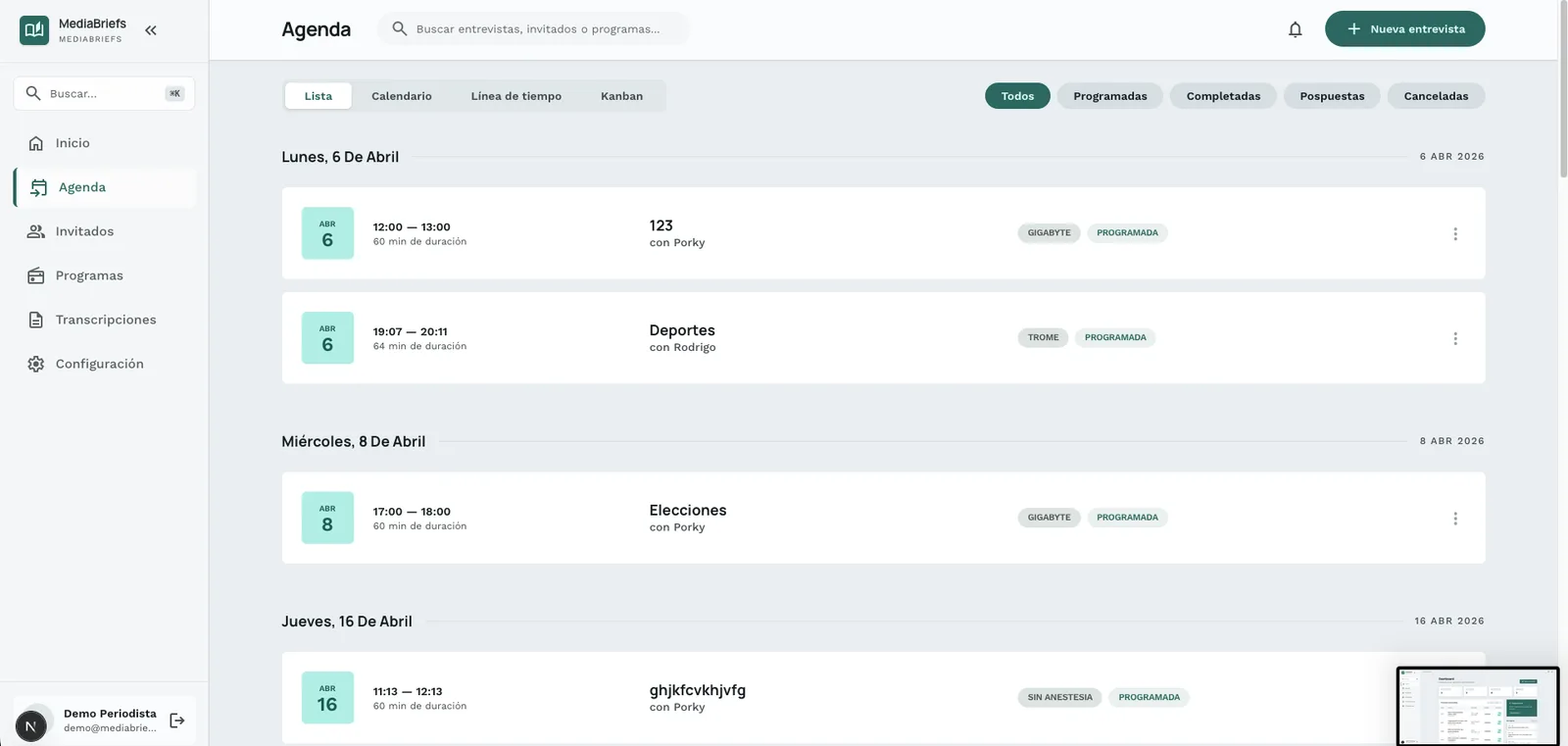 Agenda de entrevistas en vista de lista, con calendario, línea de tiempo y kanban