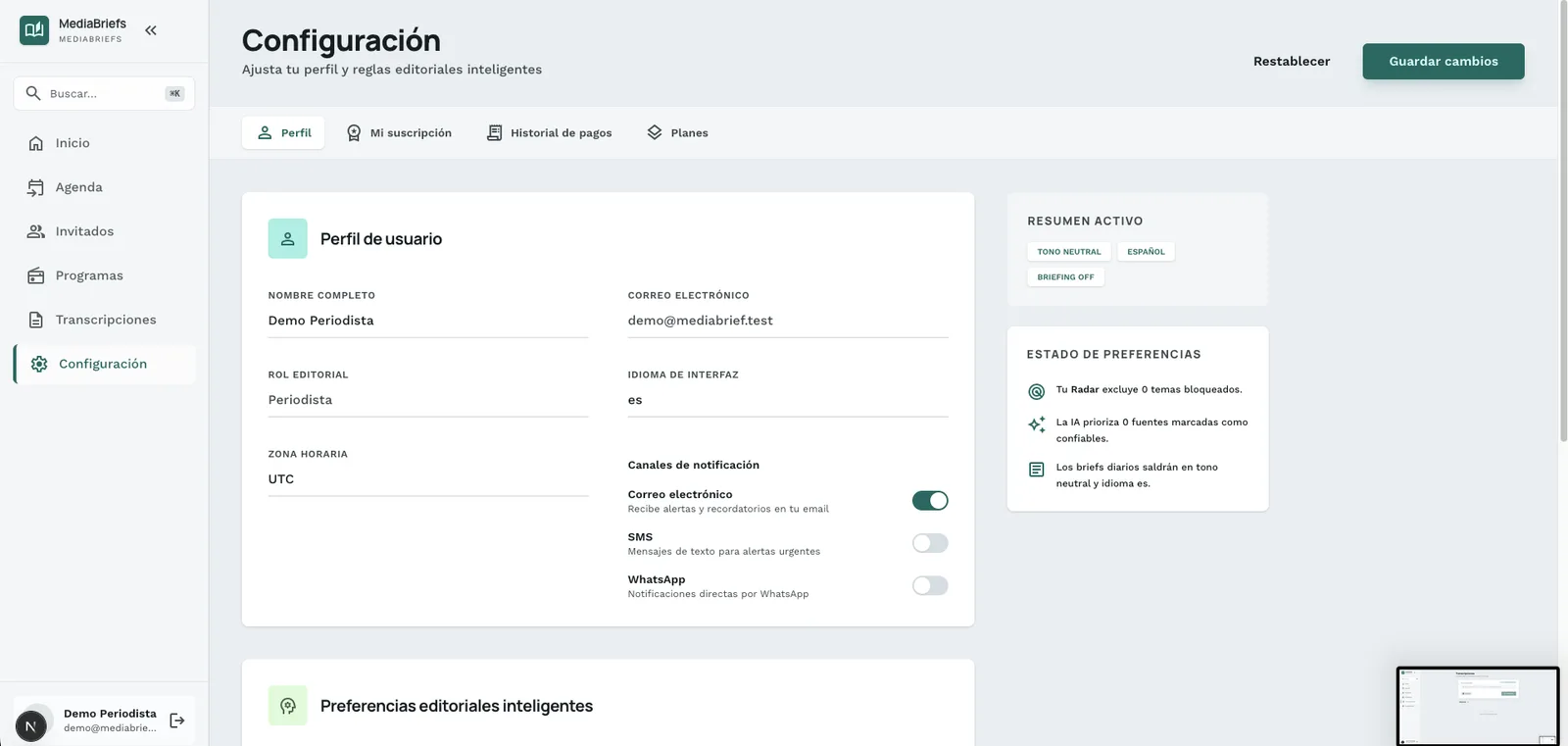 Pantalla de configuración de la cuenta