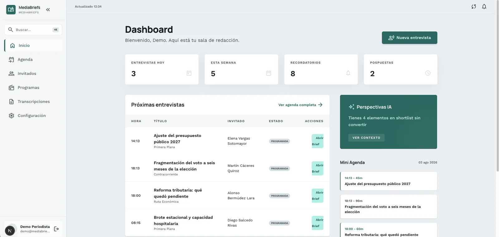 MediaBriefs dashboard showing upcoming interviews and the AI insights panel
