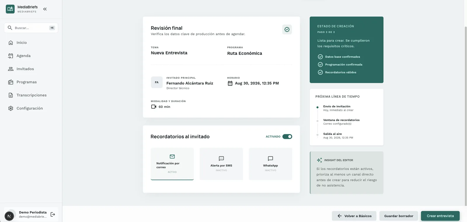 Final step of interview creation, with reminders and the editor insight