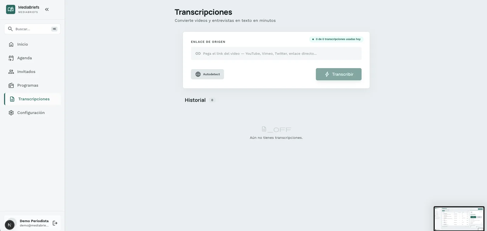 Pantalla de transcripciones: pegar el enlace de un vídeo para transcribirlo