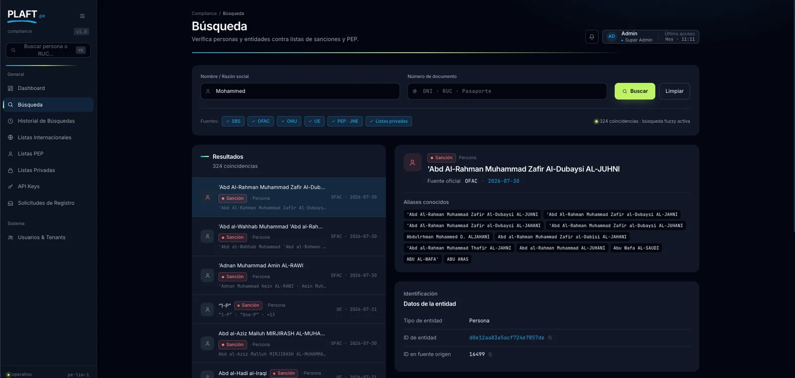 Screening search result with matches across sanctions lists
