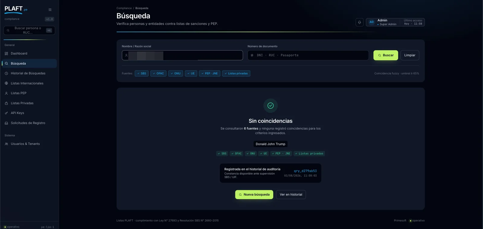 Búsqueda de screening sin coincidencias