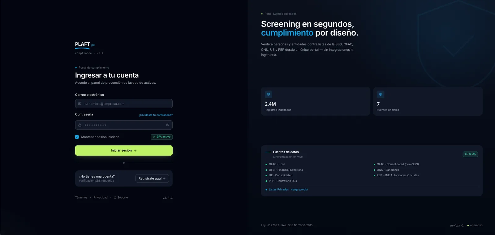 Pantalla de acceso de la plataforma de screening