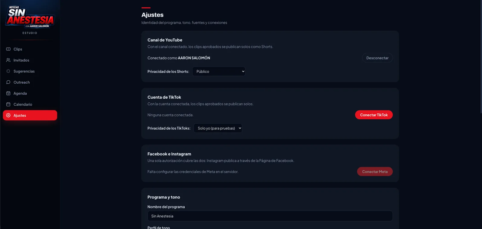 Pantalla de ajustes con el perfil de tono del programa