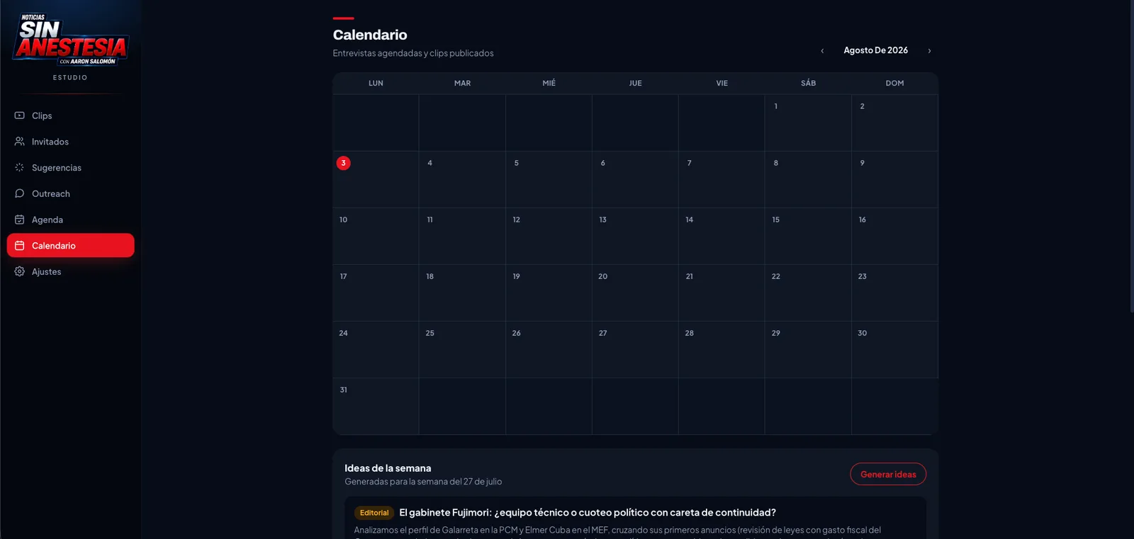 Calendario de entrevistas y publicaciones del programa