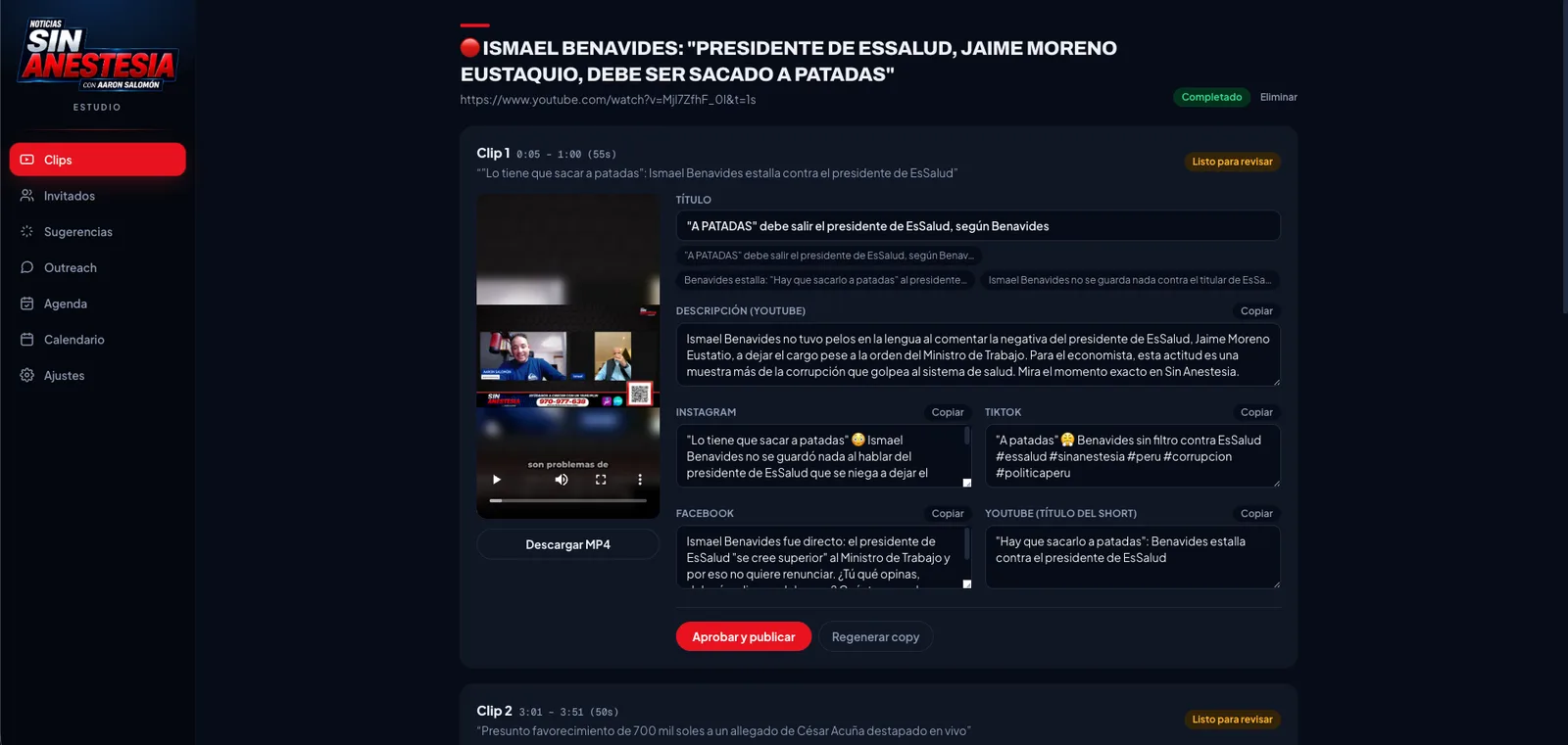Generated clip detail: vertical video, title, description and per-network copy