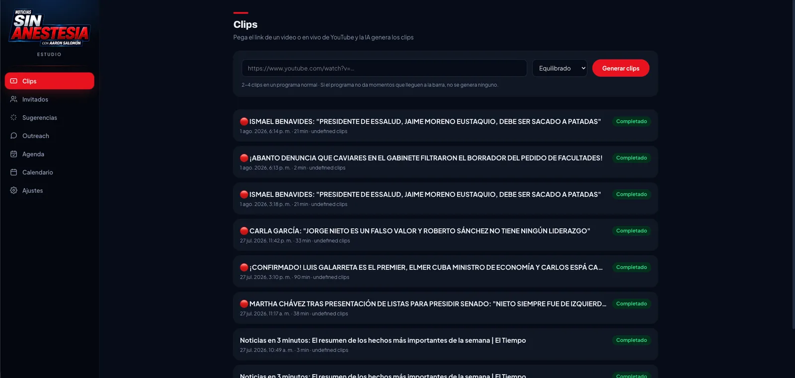 List of processed episodes with their clips