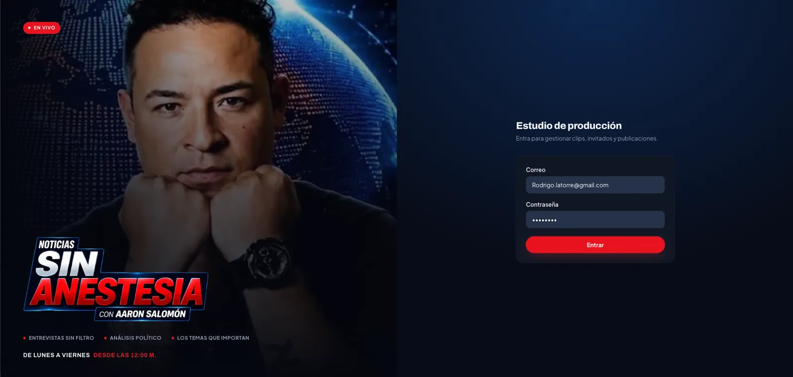 Pantalla de acceso de Sin Anestesia con la marca del programa